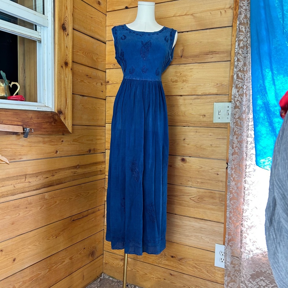 Vintage Maxi Dress Women Extra Large Indigo Blue Embroidered Whimsigoth Nikky